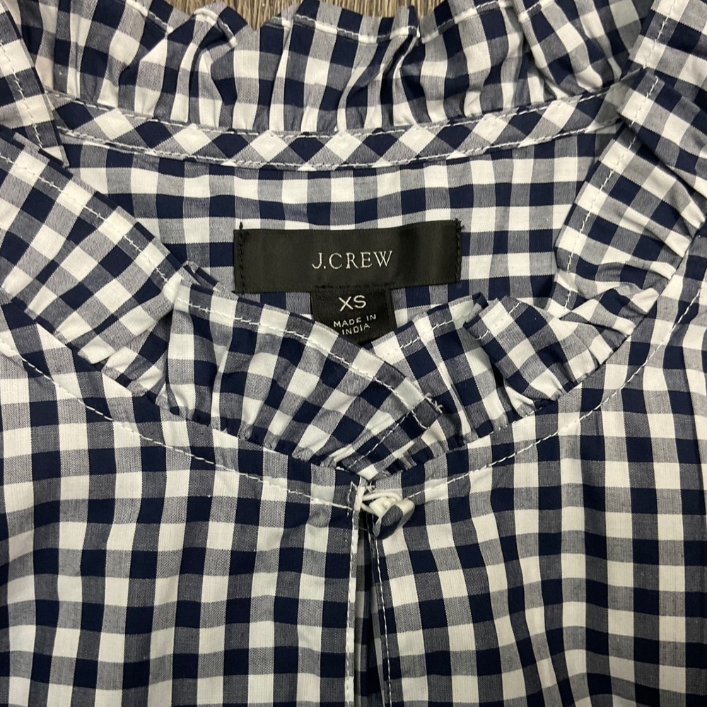 J Crew Gingham Ruffle Neck Puff Sleeve‎ Shirt Top Womens XS Navy White Preppy - Picture 3 of 6